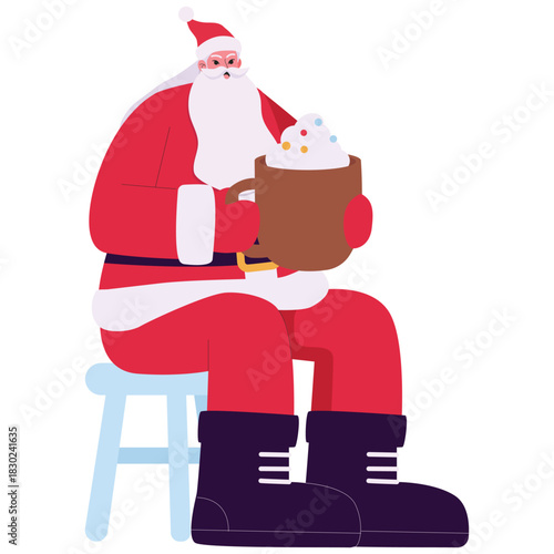 Santa Clause CharacterSanta sits with a big mug of hot cocoa topped with cream, warming up during the Christmas season. Isolated on background