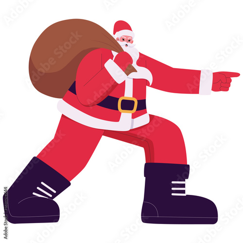 Santa Clause CharacterSanta carries a heavy gift sack and points the way, ready for his Christmas delivery route. Isolated on background