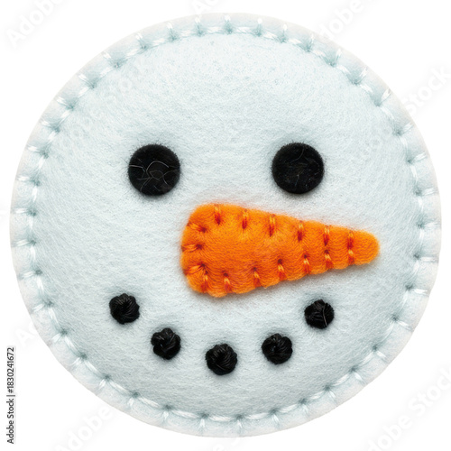 Cute handmade felt snowman face patch applique for winter crafts on transparent background