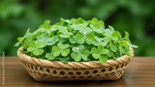 A woven basket overflowing with fresh green clovers, water droplets visible.