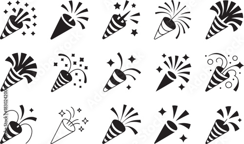 Black and White Glyph Party Popper Icon Collection of Twenty Unique Flat Style Celebration Designs