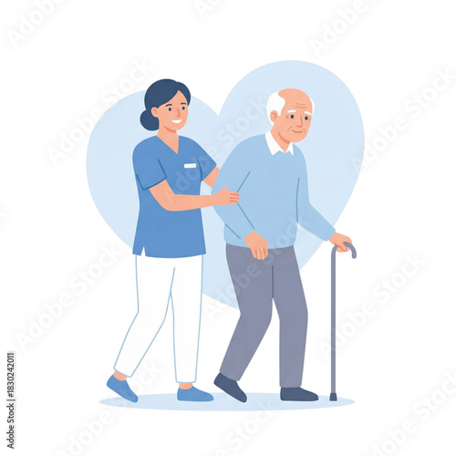 Caring nurse assists elderly man with walking stick, symbolizing support and senior care