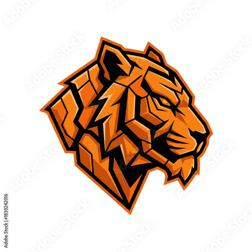 Dynamic geometric tiger head emblem design, symbolizing power, speed, and fierce determination, perfect for esports logos, sports teams, and gaming mascots with a modern, angular aesthetic