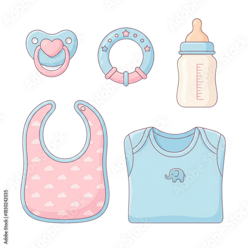 Charming collection of essential baby items set with feeding bottle, pacifier, teether, soft bib, and infant clothing, perfect for newborn care and comfort