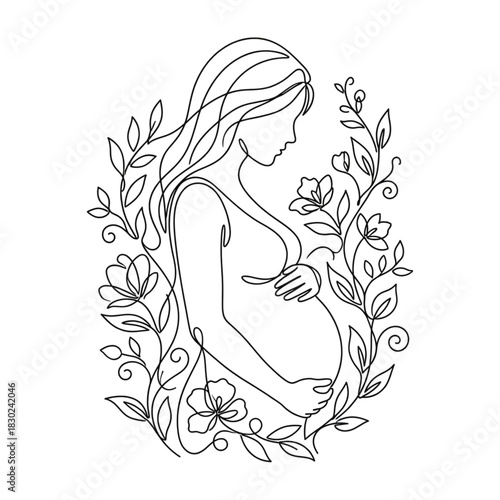 Beautiful pregnant woman silhouette surrounded by delicate floral elements, symbolizing new life and natural beauty