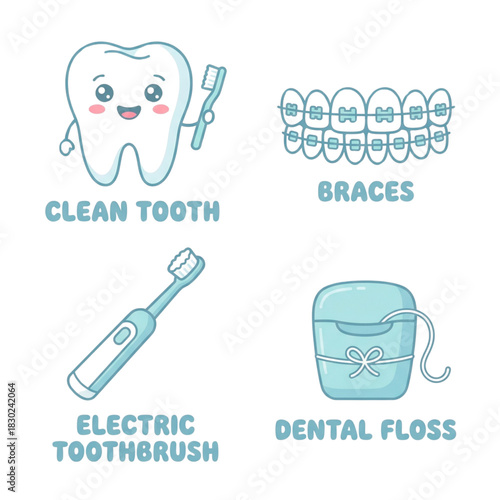 Dental care cartoon icons a happy clean tooth, braces, electric toothbrush, and dental floss, representing good oral hygiene habits