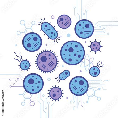 Illustration of various microorganisms with circuit-like elements, ideal for medical or scientific uses