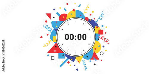 Countdown timer reaches zero with a vibrant explosion of colorful abstract geometric shapes and festive party confetti