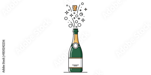 Celebratory pop of a sparkling wine bottle shown in a modern line art illustration. This festive graphic symbolizes a party, success, and joyous moments
