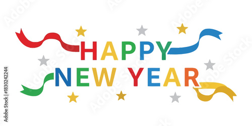 Happy New Year Celebratory Message with Colorful Ribbons and Stars