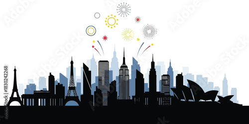 Cityscape Silhouette with Fireworks Display Celebrating a Global Metropolis