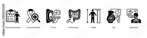 Comprehensive Health Screening web banner icon vector illustration featuring Physical Examination, Cancer Screening, CT Scan, Colonoscopy, Height, Usg, and Spirometry for complete medical evaluation.