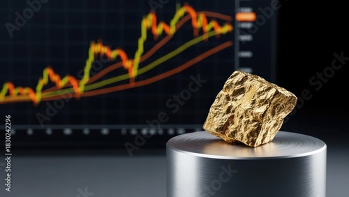 A gold nugget sits on a metal pedestal with a financial chart displayed in the background.
