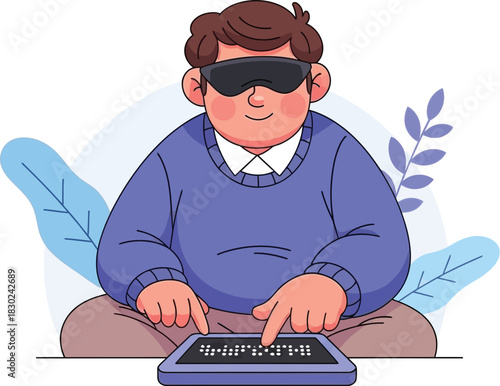 Smiling visually impaired individual using a Braille tablet for accessible digital interaction and communication