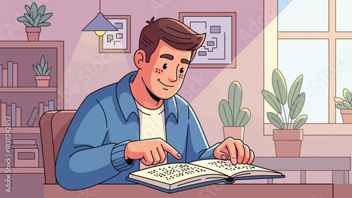 Young man happily engrossed in focused reading a captivating book in a bright peaceful room