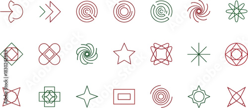 Set of various abstract geometric shapes and icons with dashed line style, isolated on white background