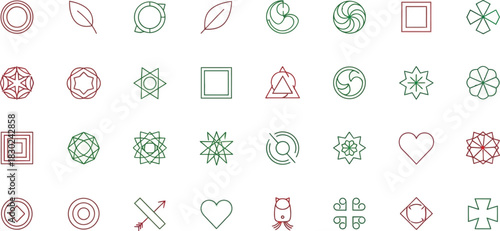 Collection of abstract geometric and nature inspired line art icons with dashed outline in red and green colors, isolated on white background