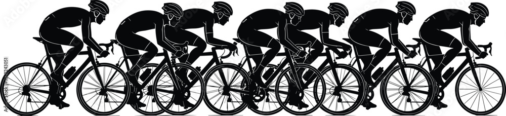 Obraz premium Professional Cyclists Racing Vector Illustration, Group of Bike Riders in a Peloton, Road Cycling Sport Competition Silhouette Graphic