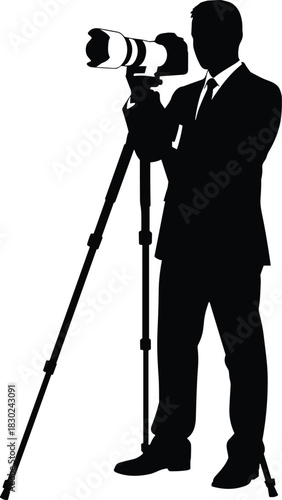 Professional photographer silhouette in a suit using a long lens camera mounted on a tripod, capturing a shot, vector illustration.