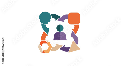 Flat design icon showing a cyclical workflow around a central purple human silhouette, representing team collaboration or iterative project management, isolated on