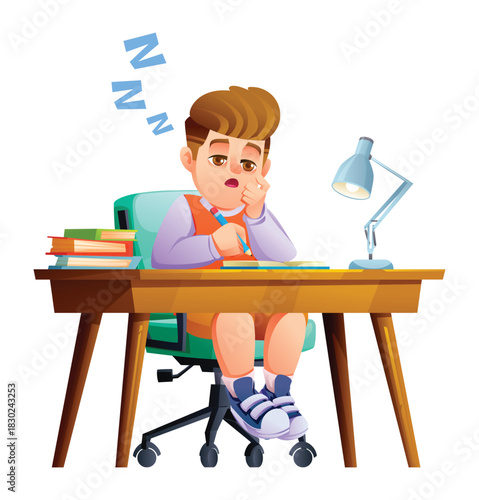 Bored schoolboy student yawning at desk, tired male character holding pencil, overwork, lack of sleep. Vector cartoon illustration
