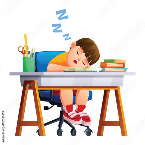 Little schoolboy student asleep on desk, tired male character resting his head on a book. Vector cartoon illustration