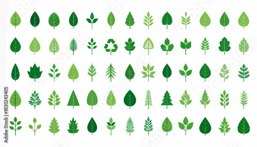 A diverse collection of green leaf and plant icons, showcasing various shapes and shades of foliage, including a recycling symbol, on a white background.