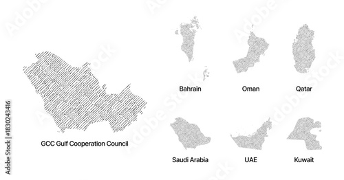 GCC Gulf Cooperation Council Countries map hand drawn sketch on white background vector, freehand hatch vintage style.