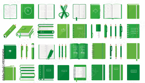 A comprehensive collection of green stationery items including notebooks, pens, pencils, and binders, arranged neatly on a white background.