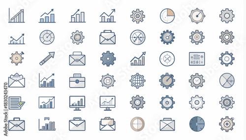 A collection of business and data analytics icons including charts, gears, briefcases, and documents.