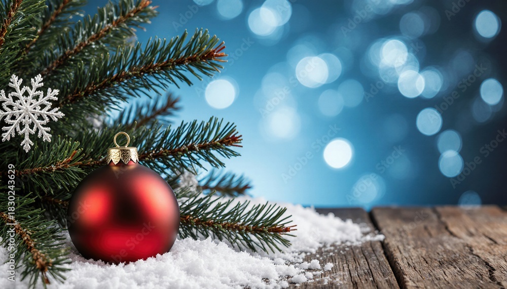 Obraz premium Red Christmas Ornament on Snowy Pine Branch with Blue Background