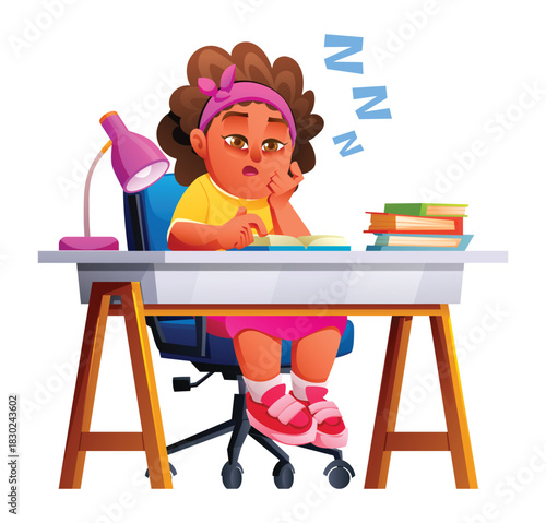 Little schoolgirl student yawning at desk, tired female character reading book, overwork, lack of sleep. Vector cartoon illustration