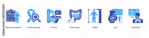 Comprehensive Health Screening web banner icon vector illustration featuring Physical Examination, Cancer Screening, CT Scan, Colonoscopy, Height, Usg, and Spirometry for complete medical evaluation.