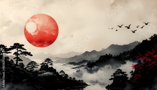 Wallpaper Mural Serene Japanese Landscape with Red Sun Torontodigital.ca