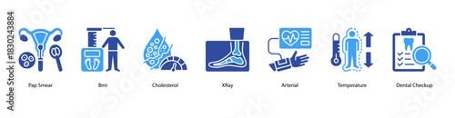 Essential Diagnostic Procedures web banner icon vector illustration featuring Pap Smear, BMI, Cholesterol, X-Ray, Arterial, Temperature, and Dental Checkup as core preventive health measures.