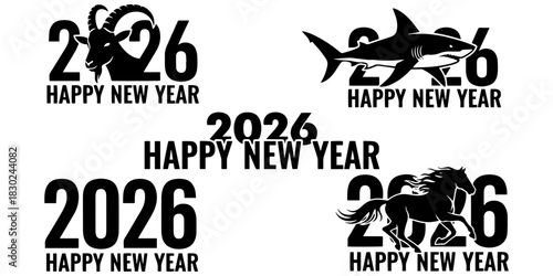 Four happy new year illustrations for year two thousand twenty six with animal silhouettes and text design on transparent background
