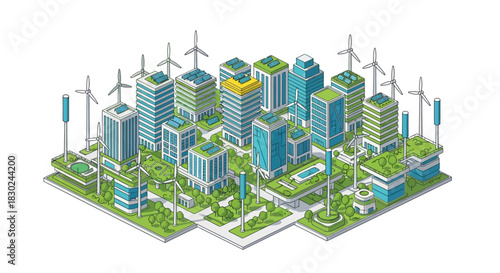Isometric Illustration of a Sustainable City with Wind Turbines and Green Spaces.