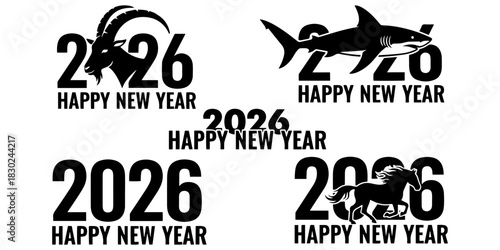 Illustrations showing happy new year with the year 2026 and animals including a goat shark and horse on transparent background silhouette