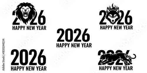 Collection of happy new year greetings for twenty twenty six with lion wolf panther and plain text design on transparent background silhouette