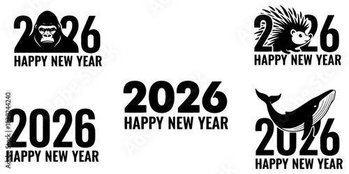 Illustrations of happy new year 2026 with gorilla porcupine whale and plain text designs in black and white on transparent background silhouette