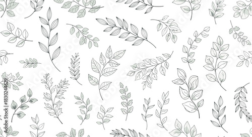 Aesthetic hand-drawn botanical elements form a continuous pattern of leaves and branches in soft gray tones on a pristine white background.