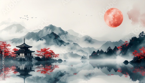 Wallpaper Mural Serene Japanese Landscape with Pagoda and Red Moon Torontodigital.ca