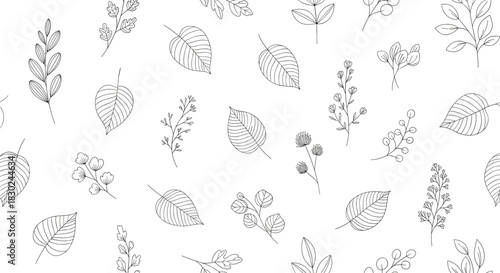 Seamless hand-drawn botanical pattern featuring delicate textured leaves and sprigs on a clean white background, perfect for textiles or wallpaper.
