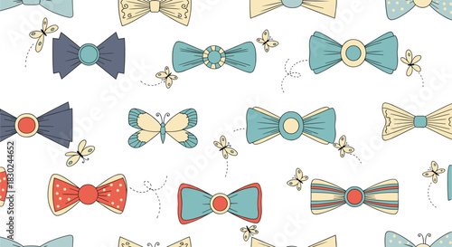 Whimsical seamless pattern of colorful bow ties and flying butterflies, depicted in a charming hand-drawn style on a white background.
