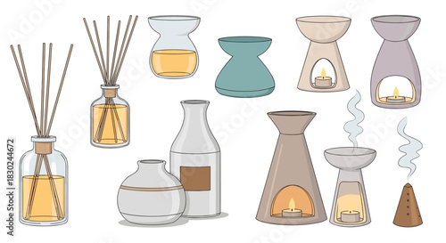 A collection of home fragrance and aromatherapy products, featuring reed diffusers, essential oil burners, and decorative vessels for a relaxing atmosphere.