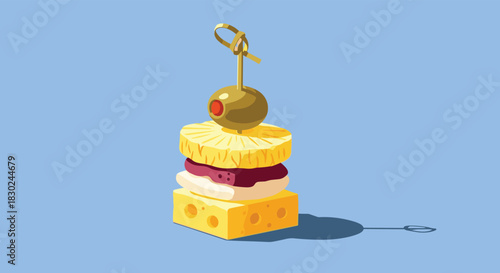 A colorful and classic appetizer featuring an olive, pineapple slice, and cheese cube, skewered and presented against a plain blue background for a minimalist look.