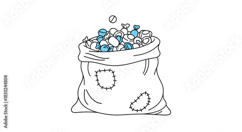 An illustration of a rustic sack filled with assorted candies, with a white pill falling from above, symbolizing an unexpected ingredient or problem.