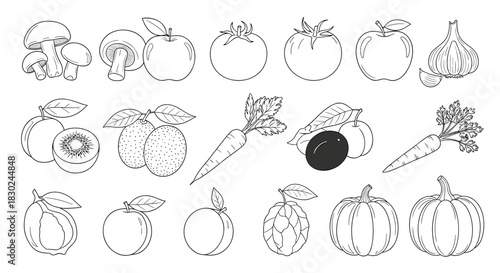 A collection of fresh and healthy fruits and vegetables depicted in a minimalist black and white line art illustration style, perfect for food-related designs.