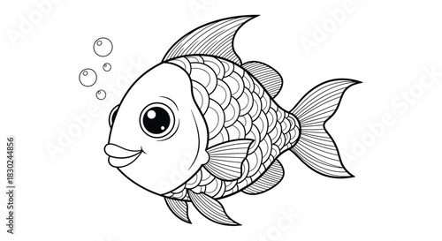 An adorable cartoon fish with large eyes and a happy smile, swimming and blowing bubbles, depicted in black and white line art.