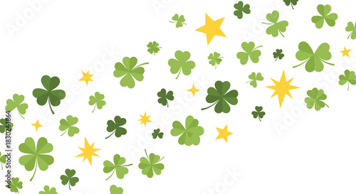 Scattered green shamrocks and glowing yellow stars create a vibrant, festive pattern on a clean white background, perfect for good luck celebrations.